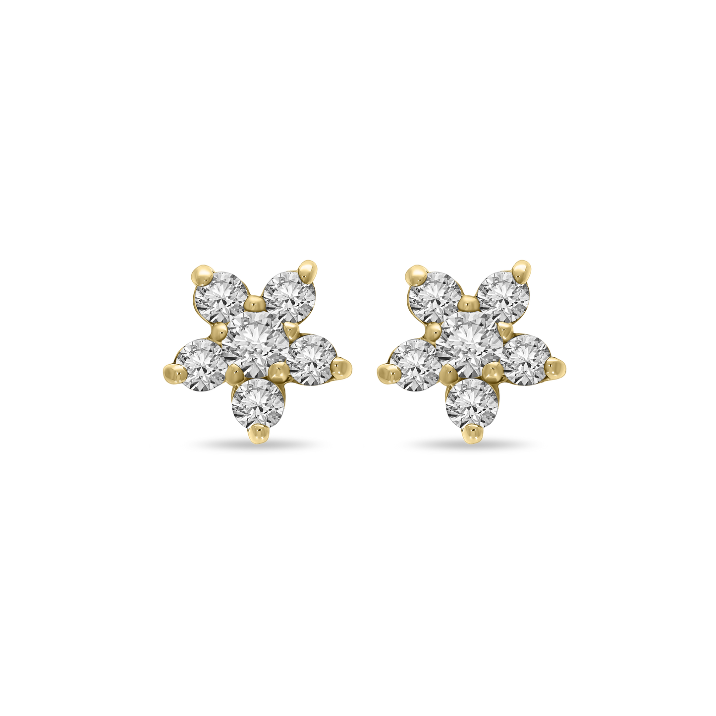 A pair of 18K yellow-gold Little Flora stud earrings, each fashioned as a five-petal flower of round brilliant-cut diamonds set in prongs, shown side by side on a transparent background.