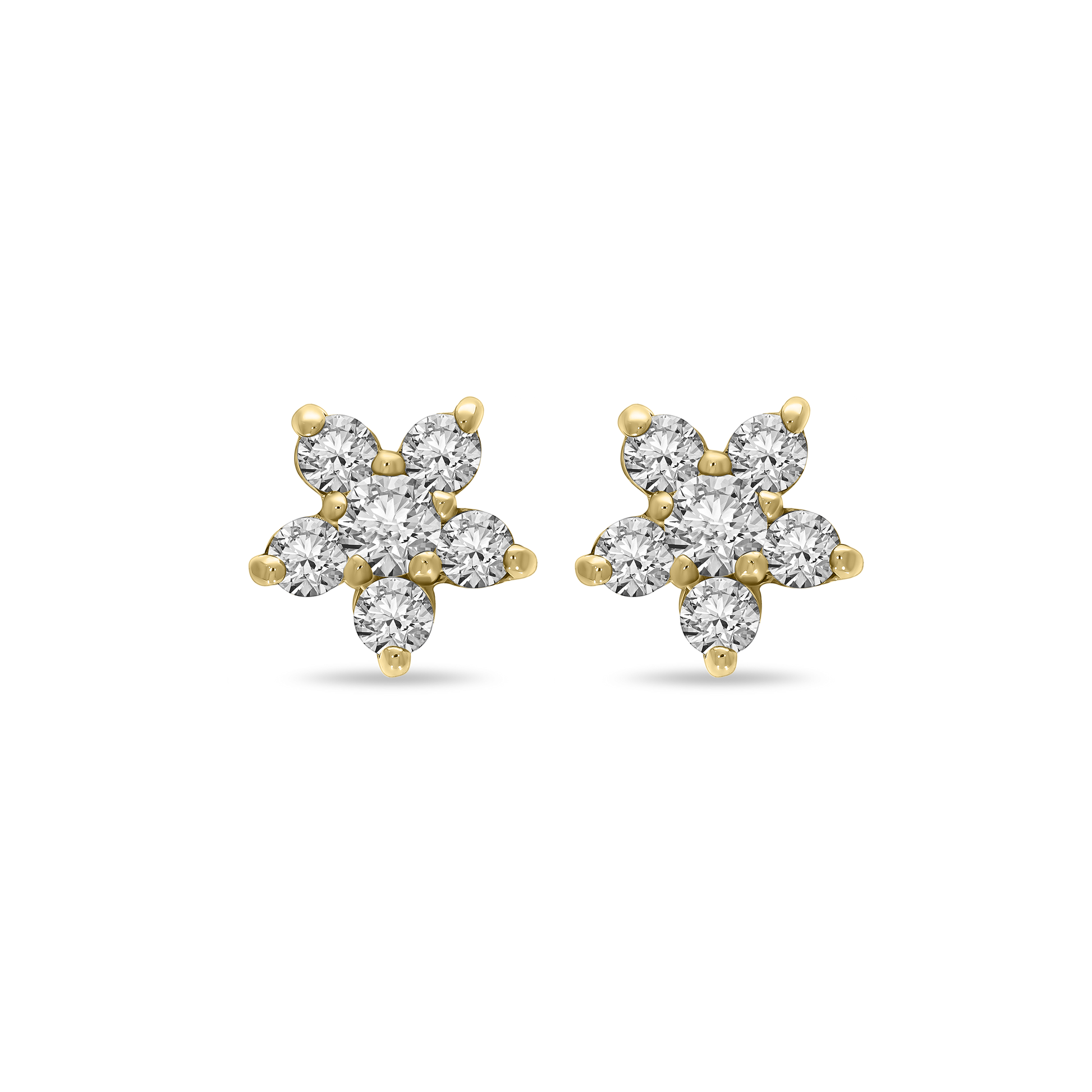 A pair of 18K yellow-gold Little Flora stud earrings, each fashioned as a five-petal flower of round brilliant-cut diamonds set in prongs, shown side by side on a transparent background.