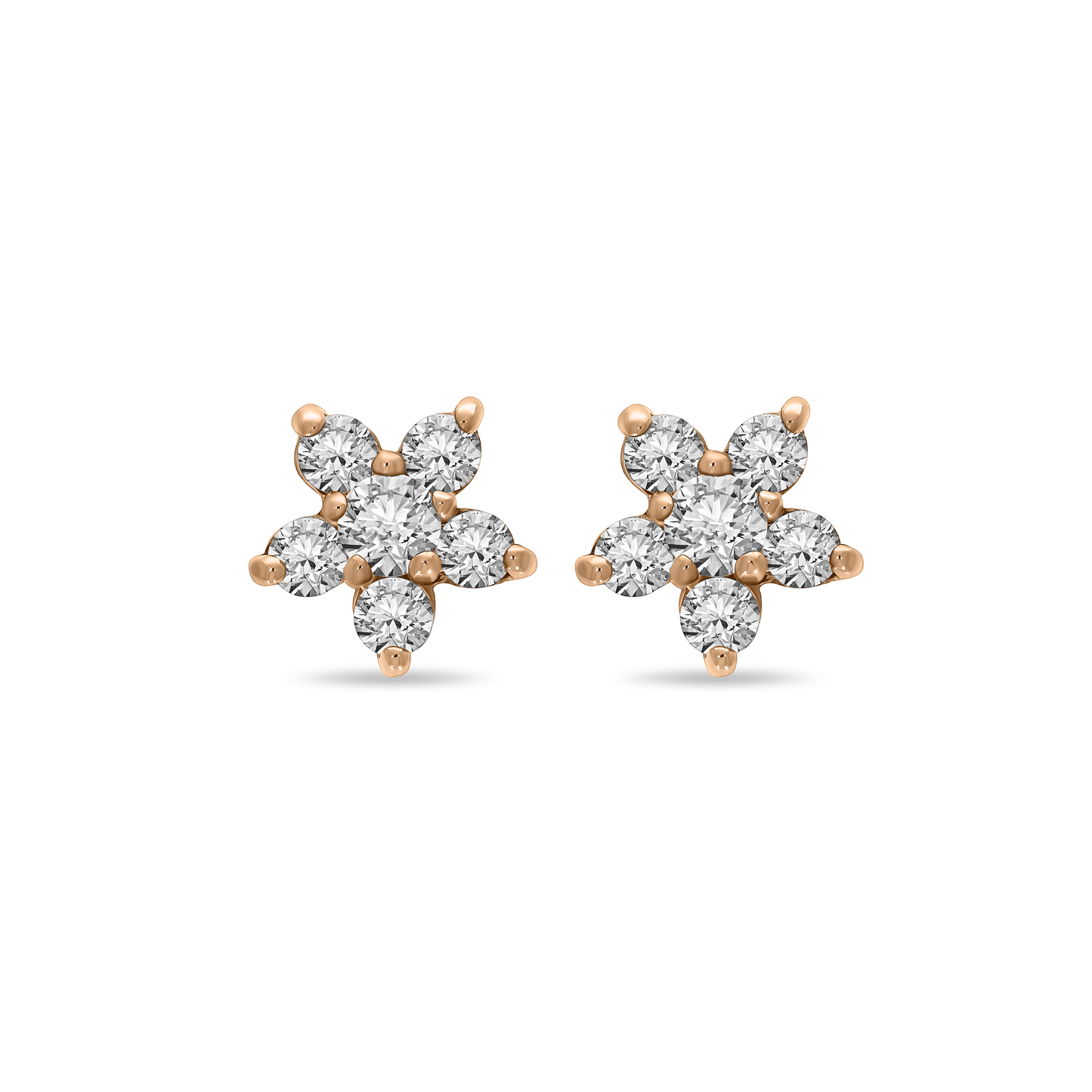 A pair of 18K rose-gold Little Flora stud earrings, each fashioned as a five-petal flower of round brilliant-cut diamonds set in prongs, shown side by side on a transparent background.