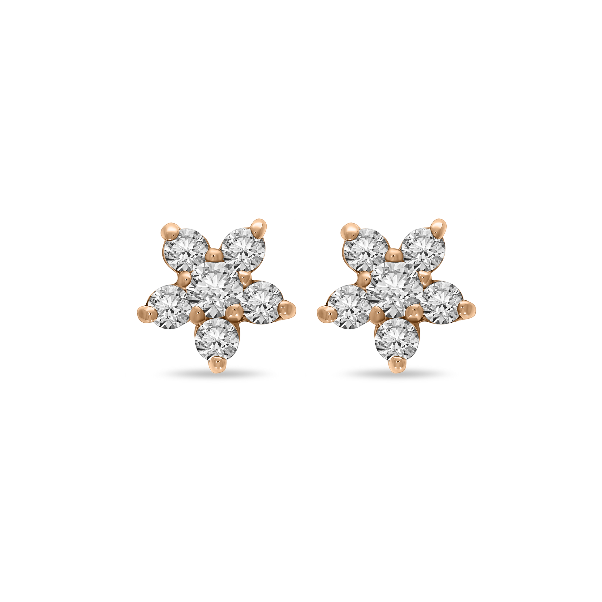 A pair of 18K rose-gold Little Flora stud earrings, each fashioned as a five-petal flower of round brilliant-cut diamonds set in prongs, shown side by side on a transparent background.