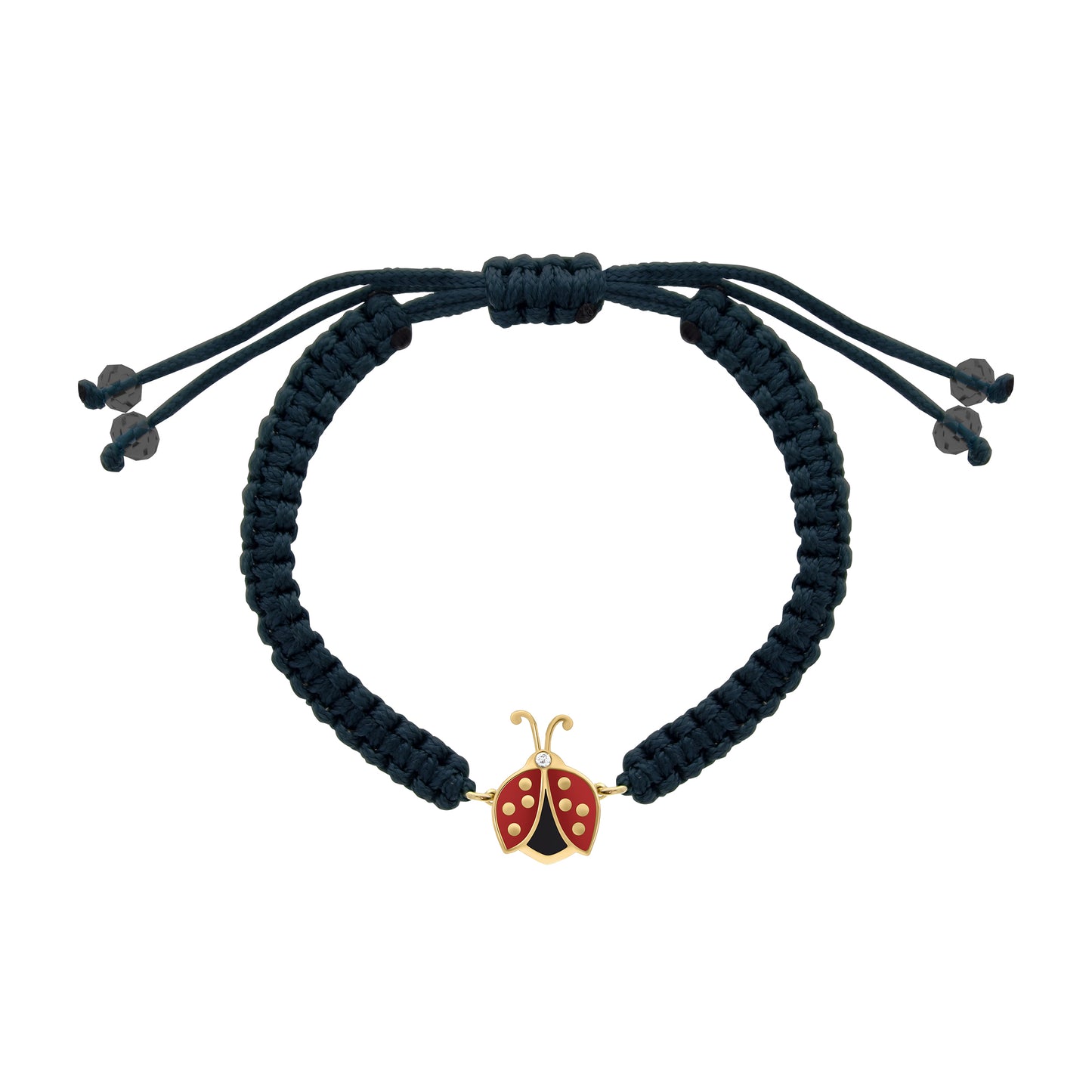 Dark blue cord bracelet featuring a red enamel ladybug charm with a small diamond accent, adjustable fit.
