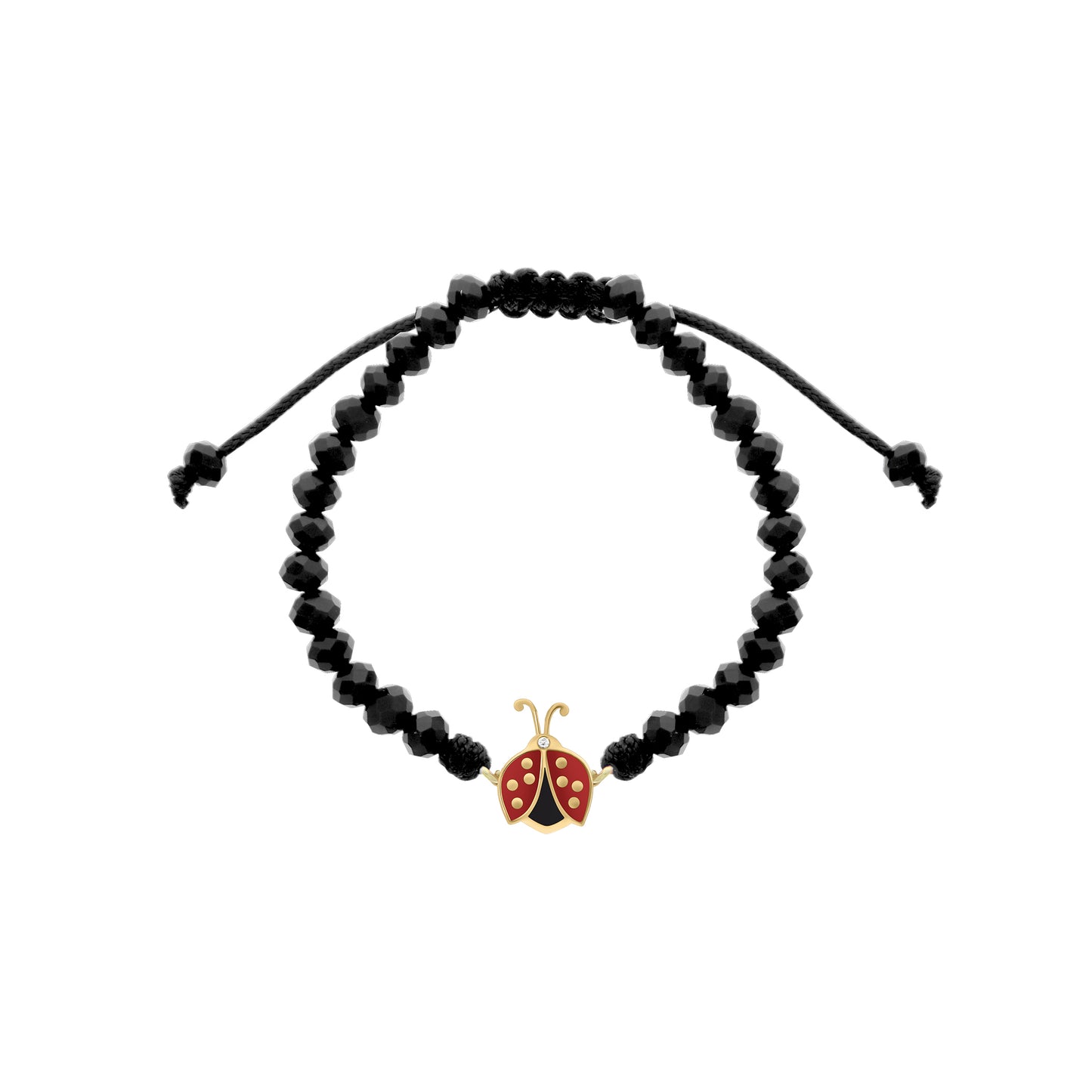 Two black adjustable bracelets with red ladybug charms; one with macramé cord and one with glossy black beads.