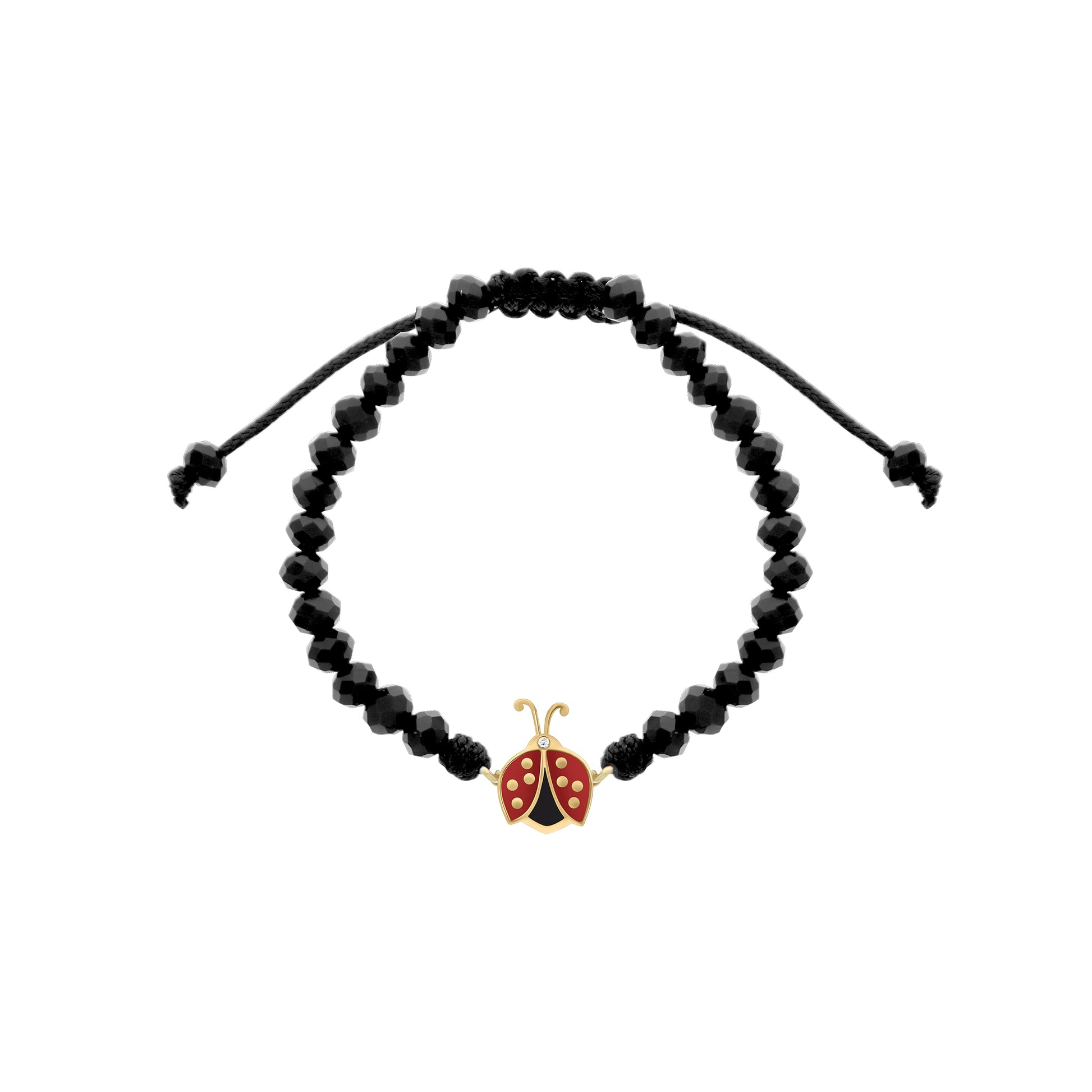 Two black adjustable bracelets with red ladybug charms; one with macramé cord and one with glossy black beads.