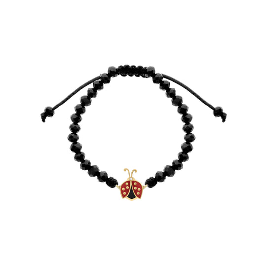 Two black adjustable bracelets with red ladybug charms; one with macramé cord and one with glossy black beads.