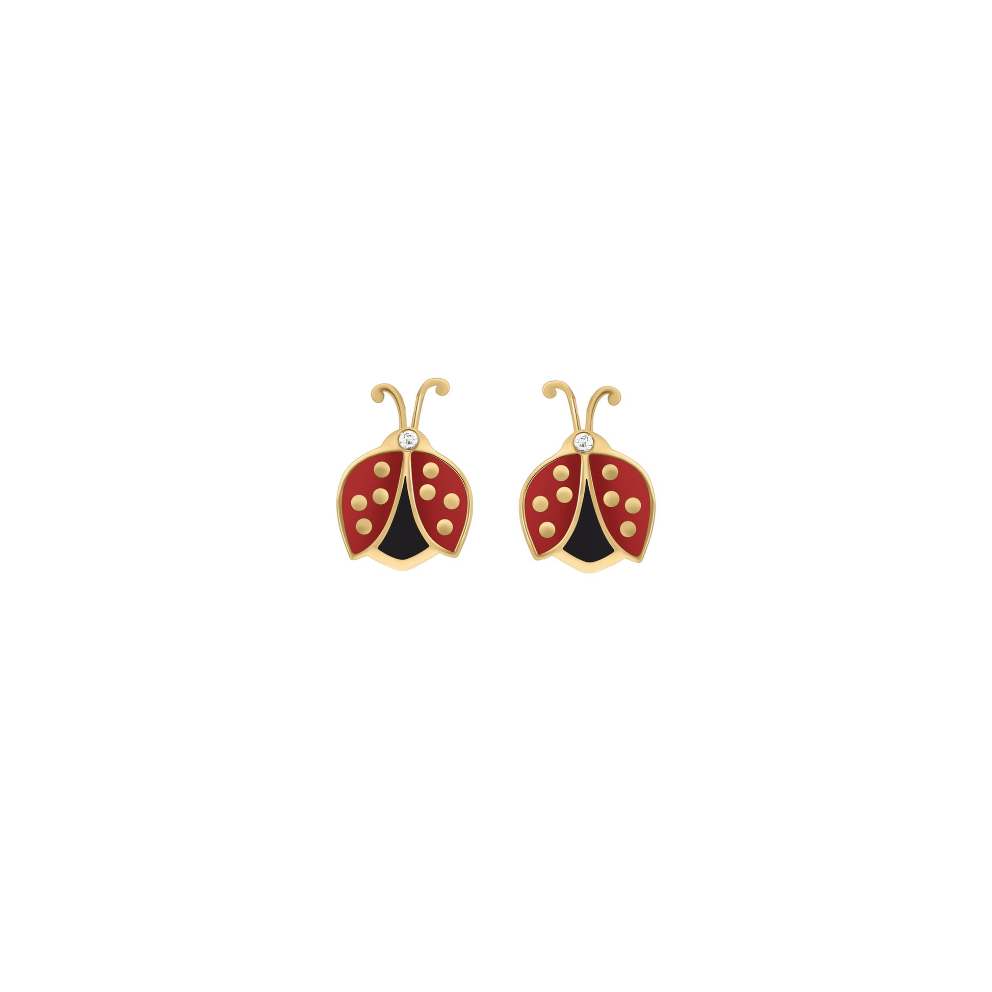 A pair of red and black enamel ladybug earrings in gold with diamond accents for the head, shown on a white background.
