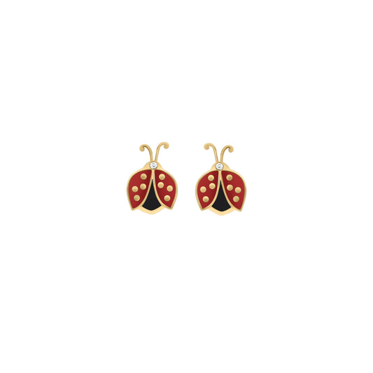 A pair of red and black enamel ladybug earrings in gold with diamond accents for the head, shown on a white background.