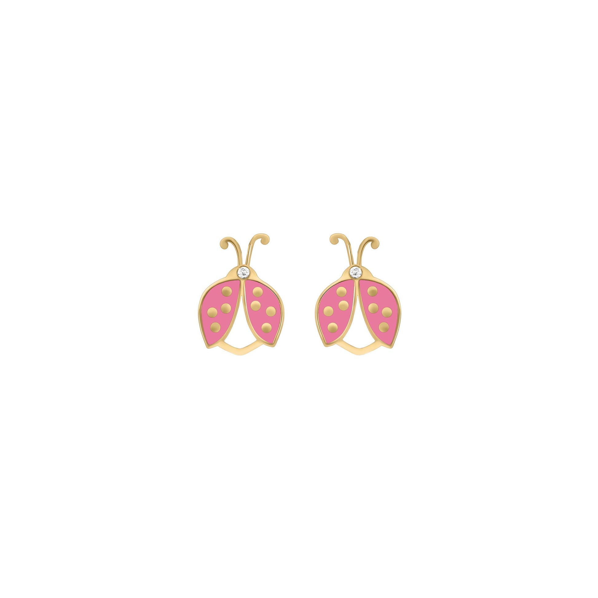 Stylized pink ladybug earrings in gold with diamond details, spaced apart and displayed against a white background.