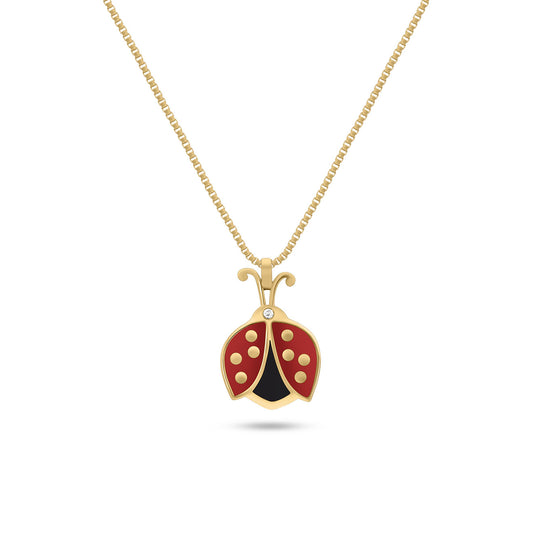 18K Gold necklace with a gold ladybug pendant adorned with vibrant red and black enamel.
