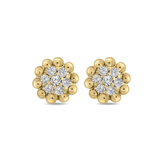 A pair of 18K yellow-gold Little Round stud earrings, each featuring a central cluster of round brilliant-cut diamonds surrounded by a ring of polished gold beads, shown side by side on a transparent background.
