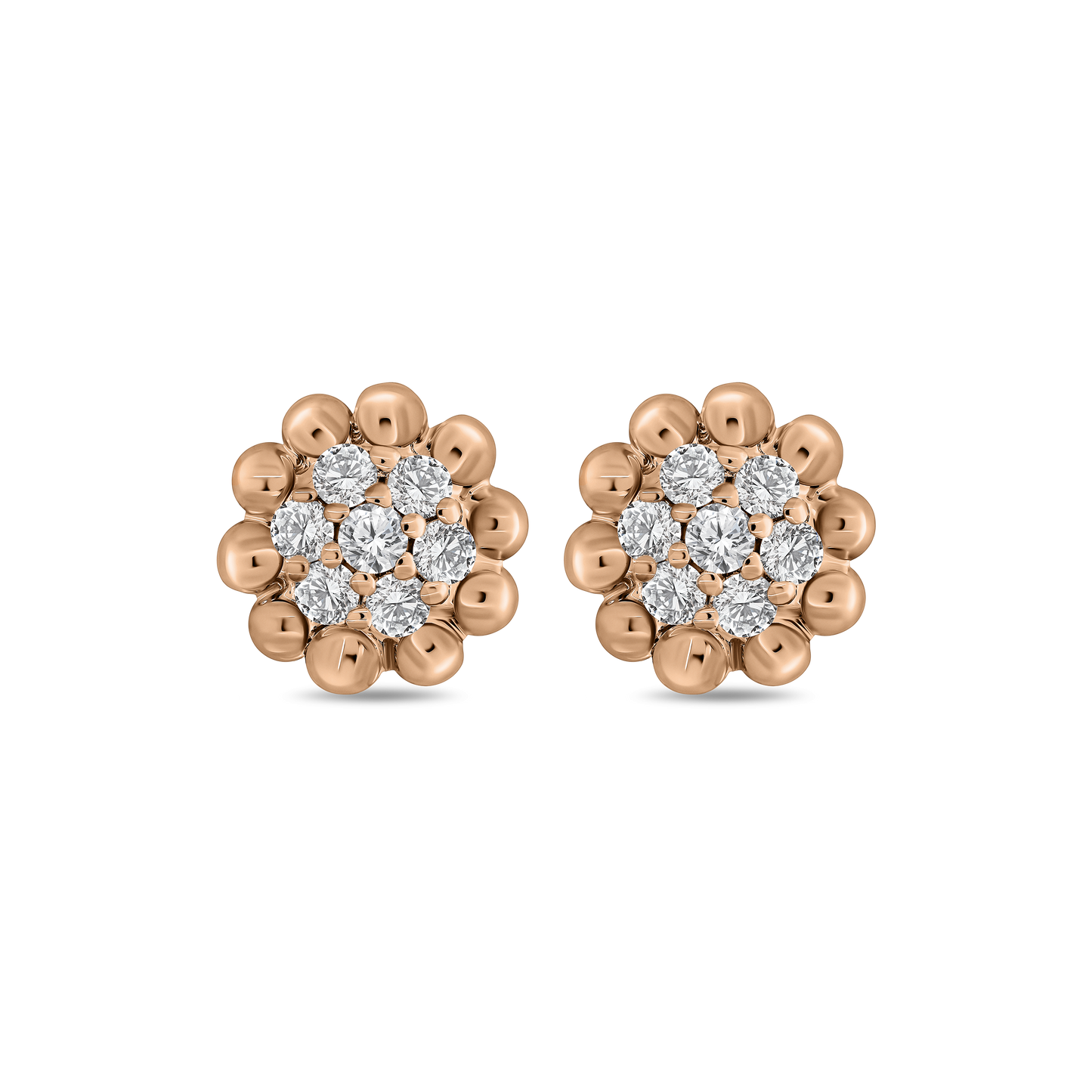 A pair of 18K rose-gold Little Round stud earrings, each featuring a central cluster of round brilliant-cut diamonds surrounded by a ring of polished gold beads, shown side by side on a transparent background.