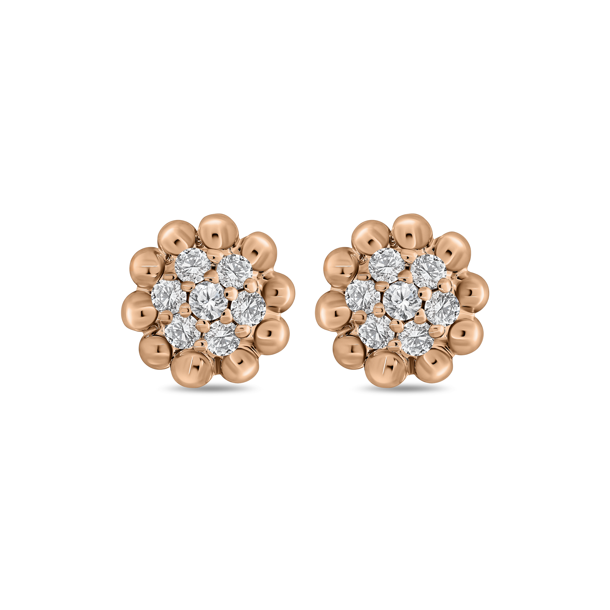 A pair of 18K rose-gold Little Round stud earrings, each featuring a central cluster of round brilliant-cut diamonds surrounded by a ring of polished gold beads, shown side by side on a transparent background.
