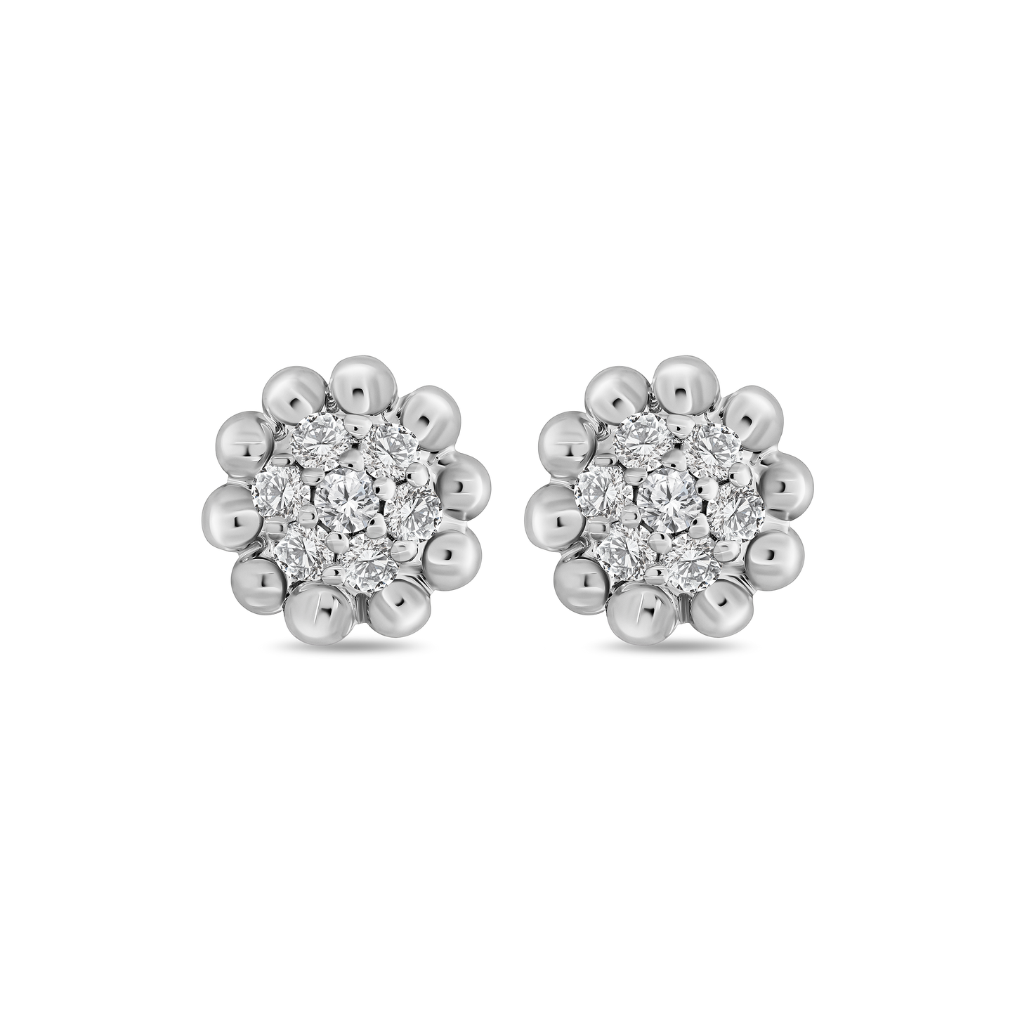 A pair of 18K white-gold Little Round stud earrings, each featuring a central cluster of round brilliant-cut diamonds surrounded by a ring of polished gold beads, shown side by side on a transparent background.