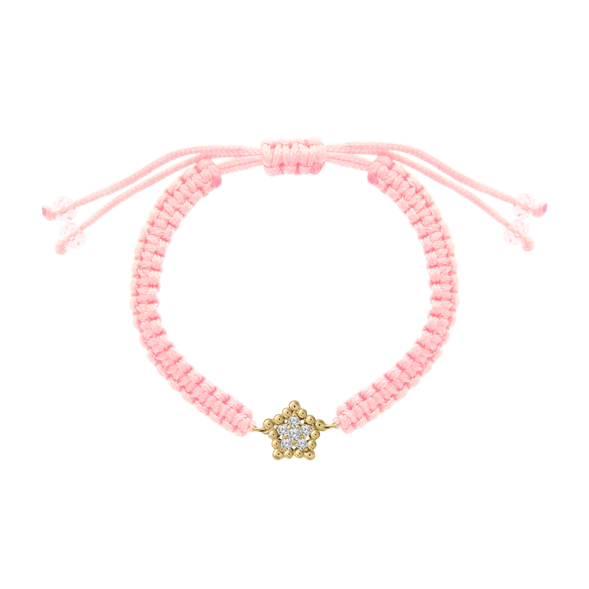 Pink woven cord bracelet featuring a gold star charm set with small diamonds, adjustable with pink bead-tipped ties.