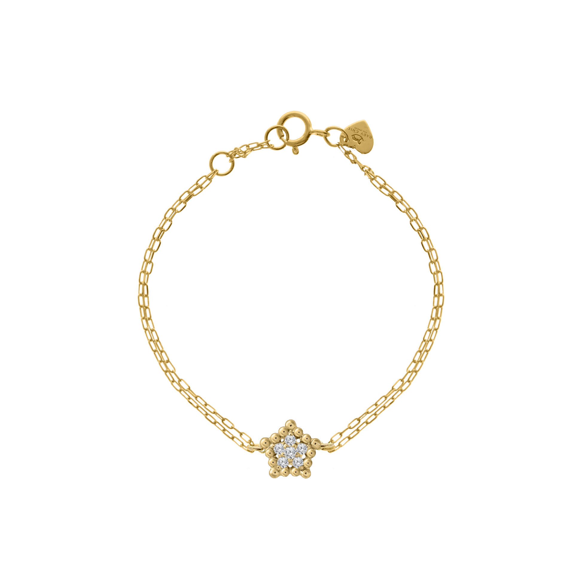 18K gold baby bracelet with diamond star charm and paperclip chain.