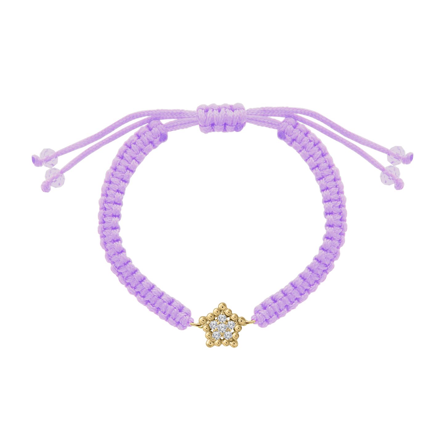 Purple woven cord bracelet showcasing a gold and diamond star charm, finished with matching purple bead-tipped adjustable ties.