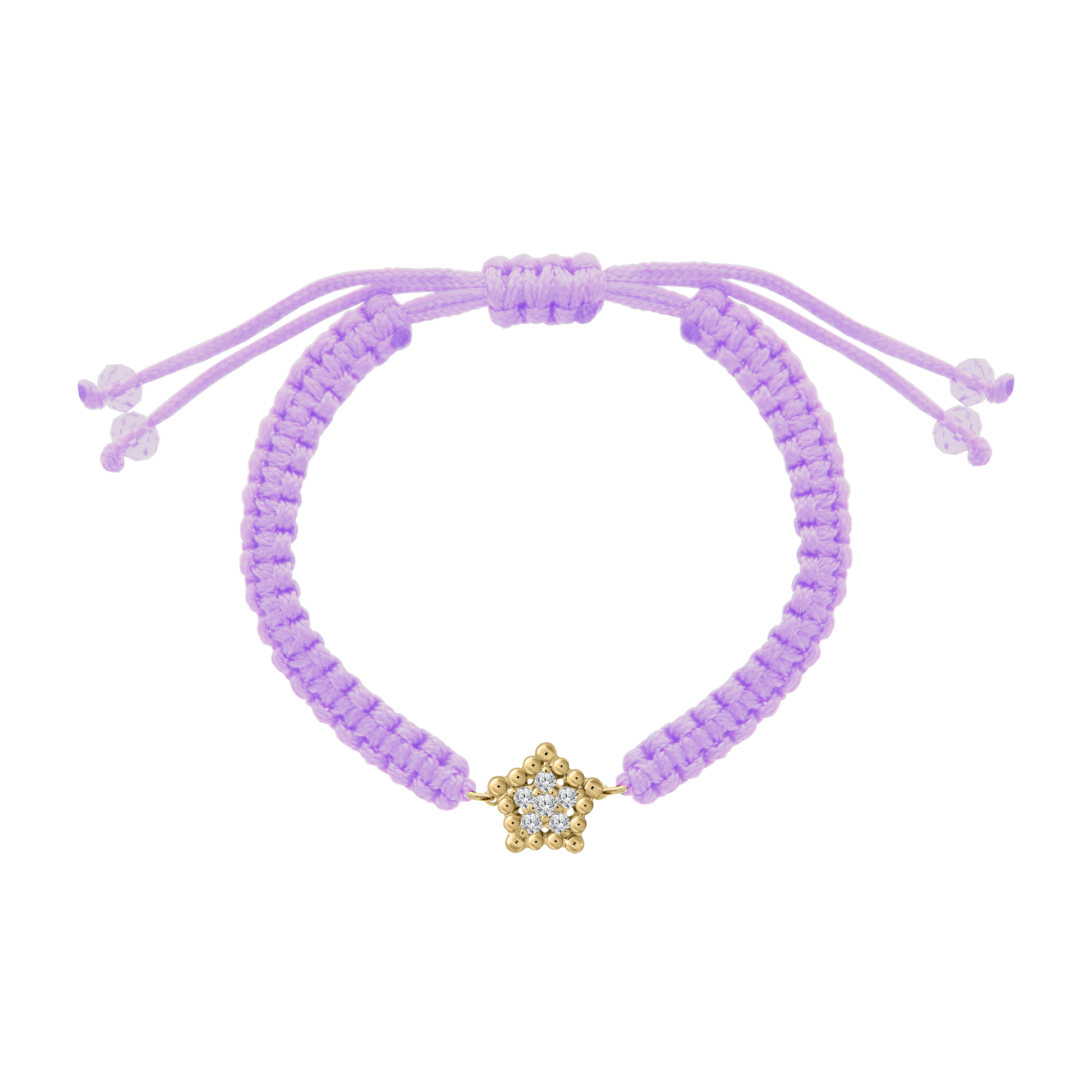 Purple woven cord bracelet showcasing a gold and diamond star charm, finished with matching purple bead-tipped adjustable ties.