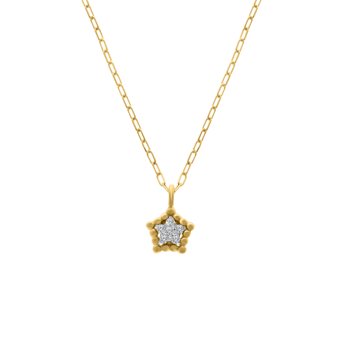 A delicate 18K yellow-gold mini star pendant necklace: a beaded star frame holding a cluster of small round brilliant-cut diamonds, suspended from a fine paper-clip chain on a transparent background.
