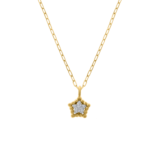 A delicate 18K yellow-gold mini star pendant necklace: a beaded star frame holding a cluster of small round brilliant-cut diamonds, suspended from a fine paper-clip chain on a transparent background.