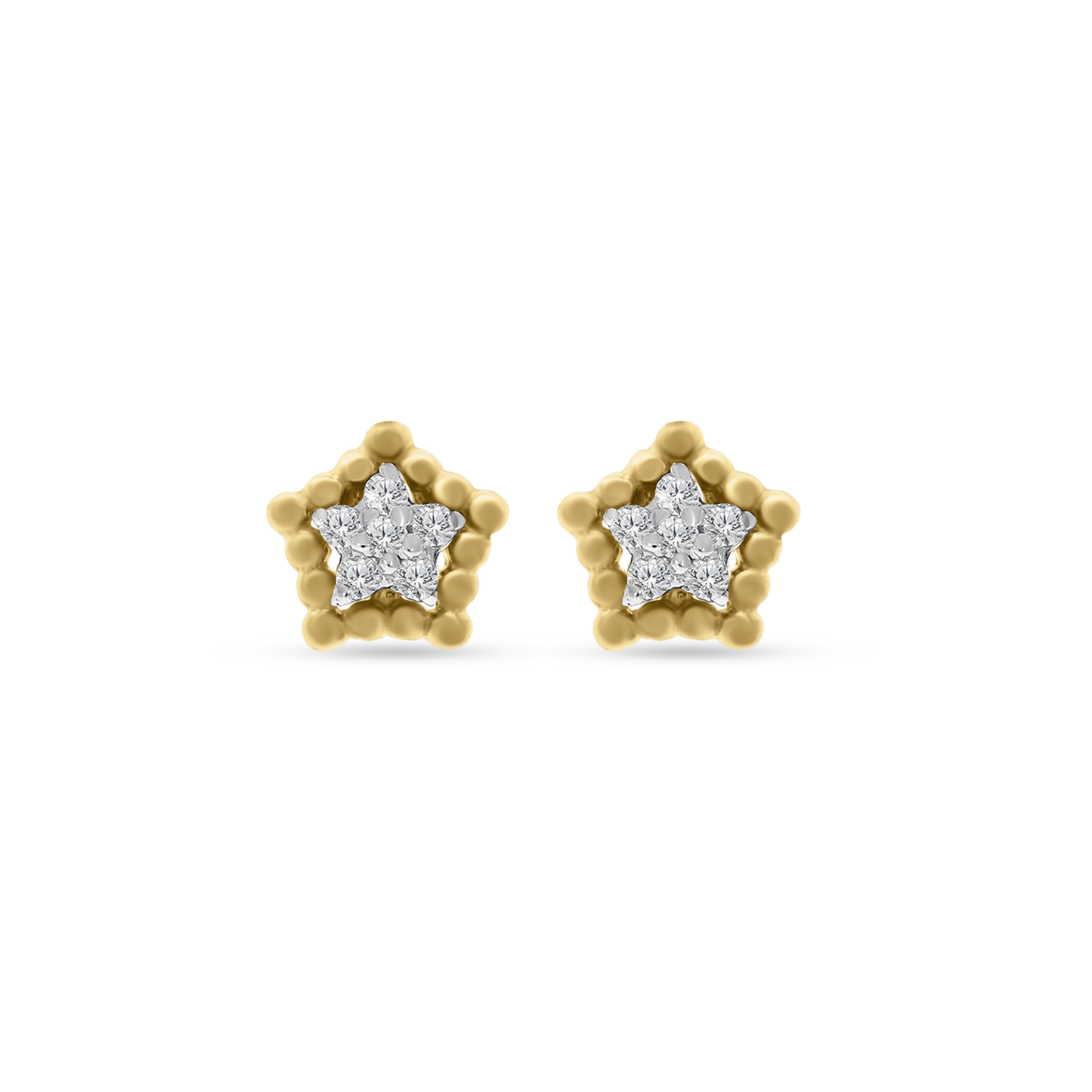 A pair of 18K yellow-gold star stud earrings, each star outlined with tiny gold beads and set with a cluster of round brilliant-cut diamonds at the center, shown on a transparent background.