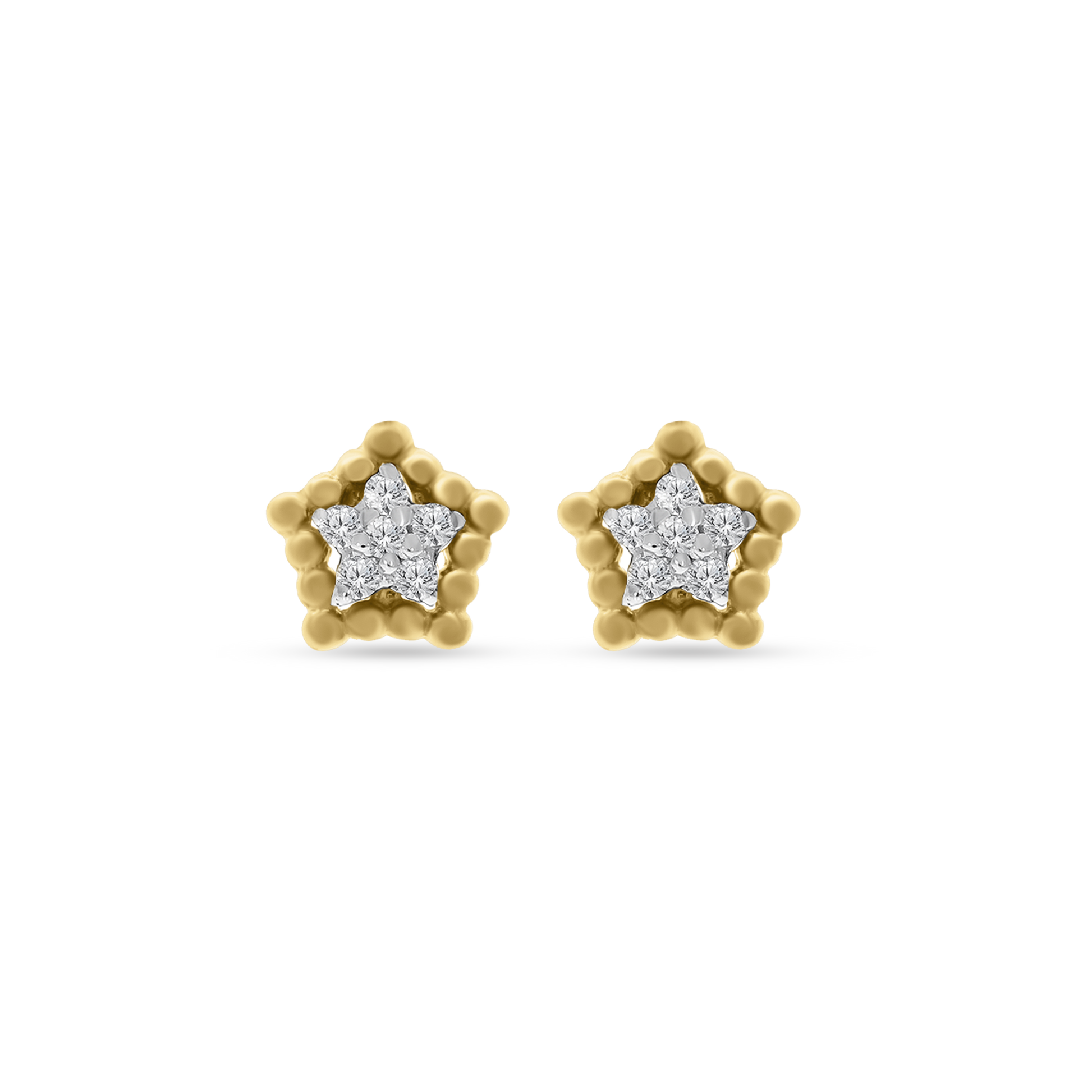 A pair of 18K yellow-gold star stud earrings, each star outlined with tiny gold beads and set with a cluster of round brilliant-cut diamonds at the center, shown on a transparent background.
