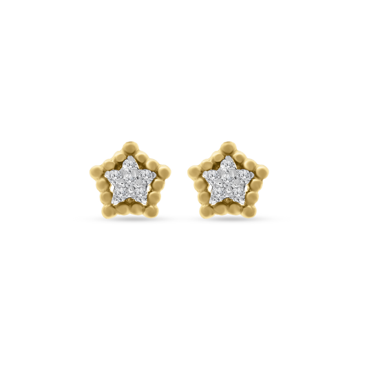 A pair of 18K yellow-gold star stud earrings, each star outlined with tiny gold beads and set with a cluster of round brilliant-cut diamonds at the center, shown on a transparent background.