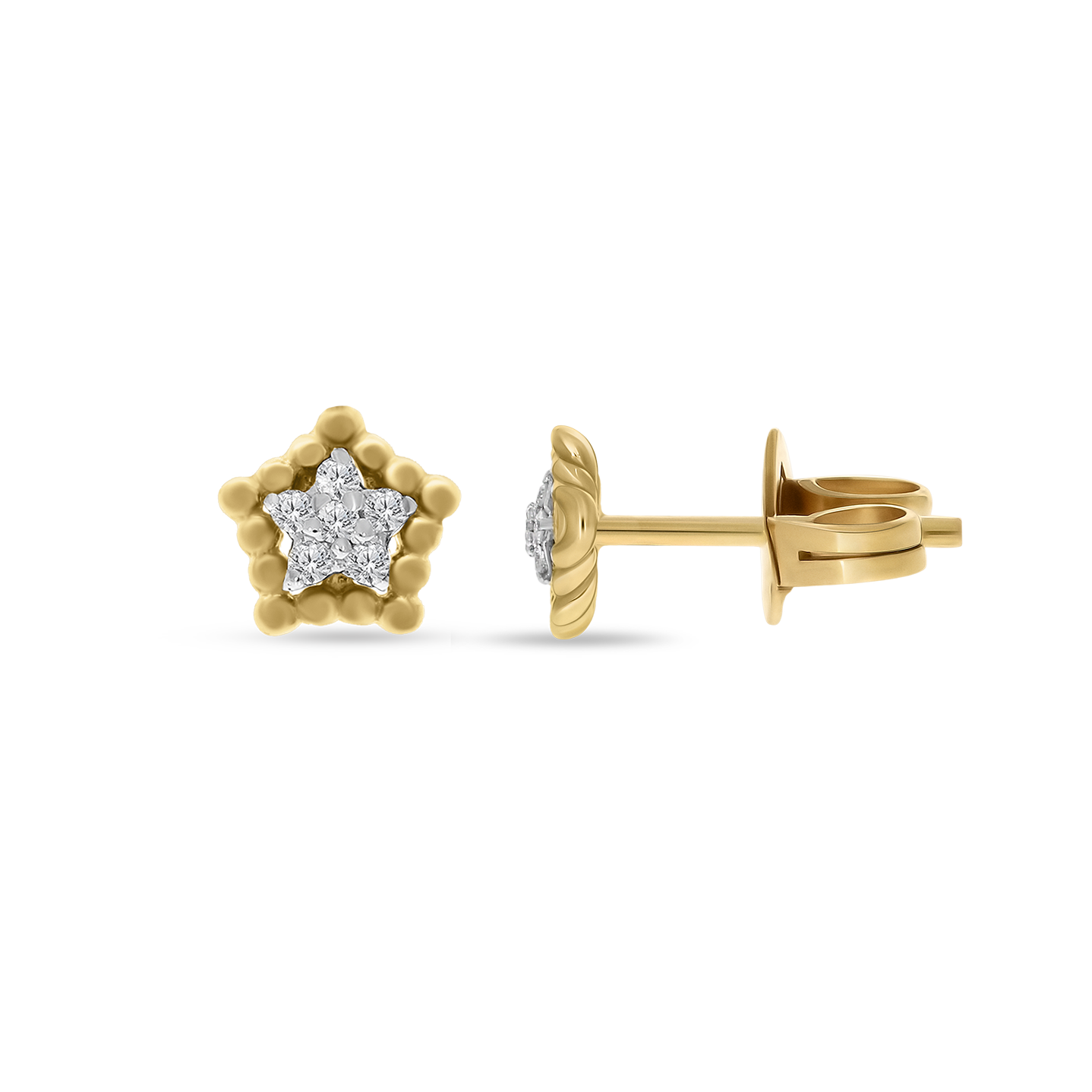 Three views of the Little Star Earrings in 18K yellow gold: a front-facing star stud with a beaded-edge frame and diamond cluster, a side profile showing the earring post, and the back view highlighting the gold friction back earring clutch.