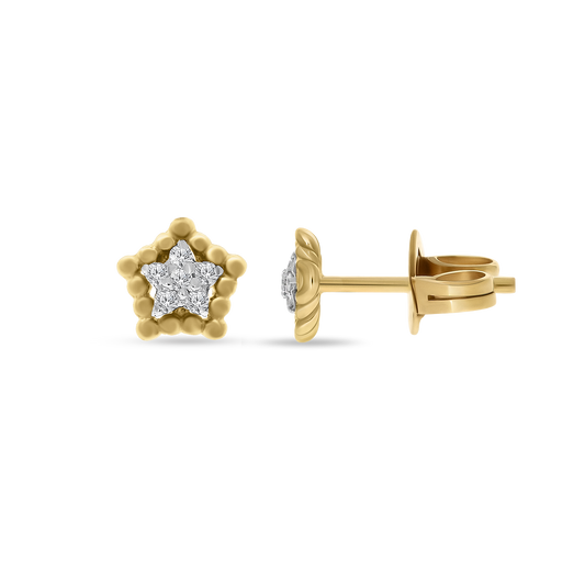 Three views of the Little Star Earrings in 18K yellow gold: a front-facing star stud with a beaded-edge frame and diamond cluster, a side profile showing the earring post, and the back view highlighting the gold friction back earring clutch.