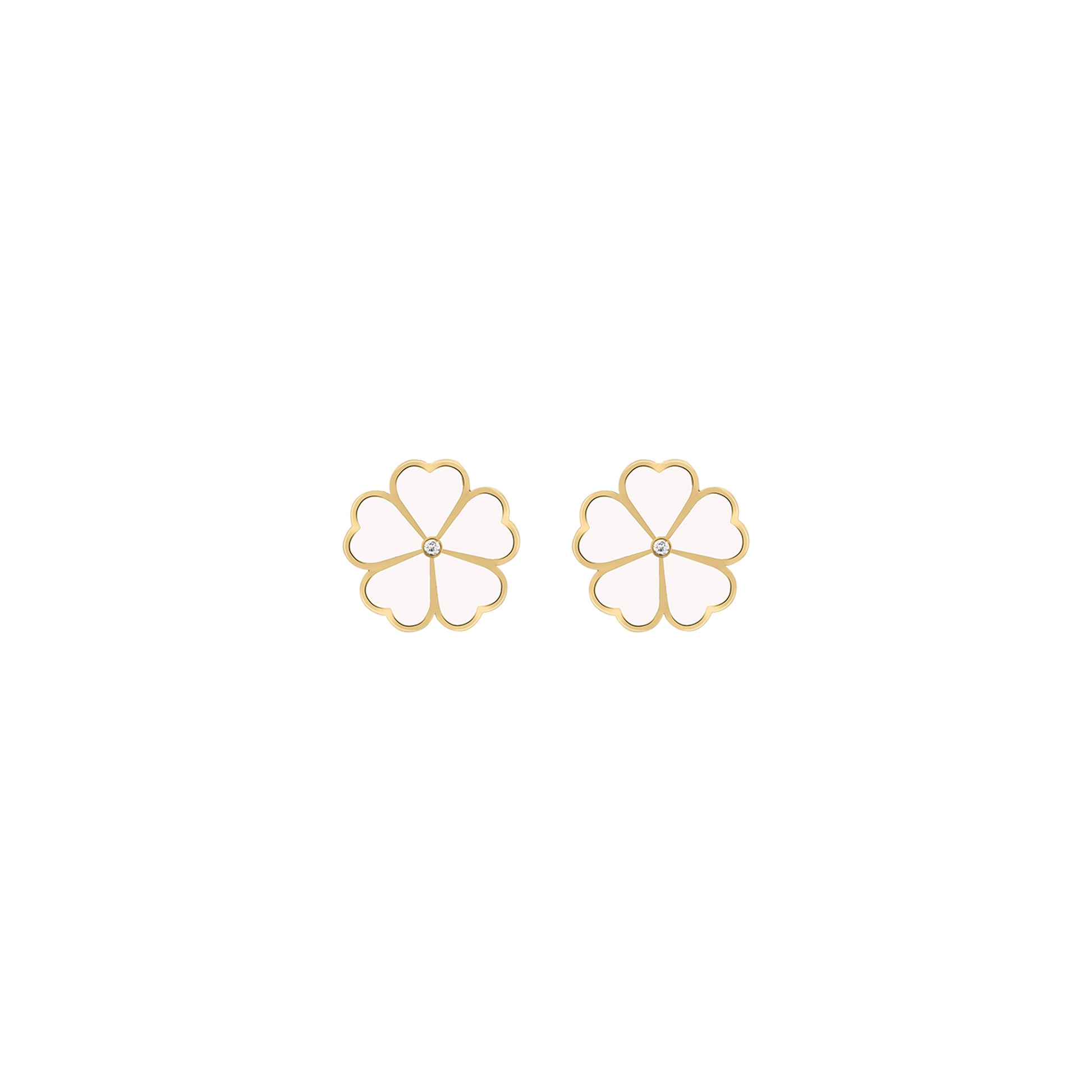 Pair of gold Lucky Clover stud earrings with white enamel petals and a central diamond, displayed on a white background.