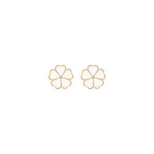 Pair of gold Lucky Clover stud earrings with white enamel petals and a central diamond, displayed on a white background.