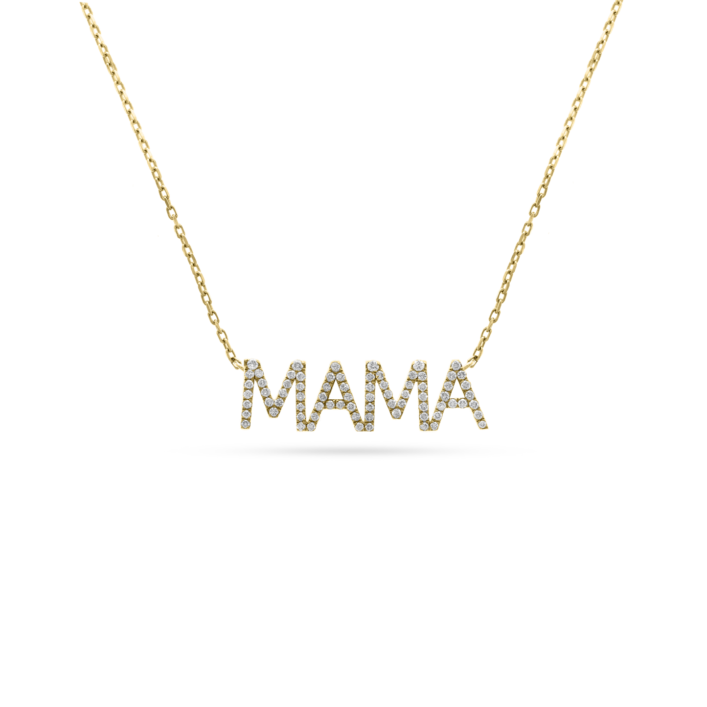 Gold necklace with the word “MAMA” spelled out in capital letters, each letter encrusted with diamonds, displayed on a transparent background.