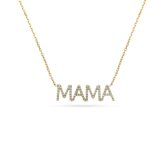 Gold necklace with the word “MAMA” spelled out in capital letters, each letter encrusted with diamonds, displayed on a transparent background.