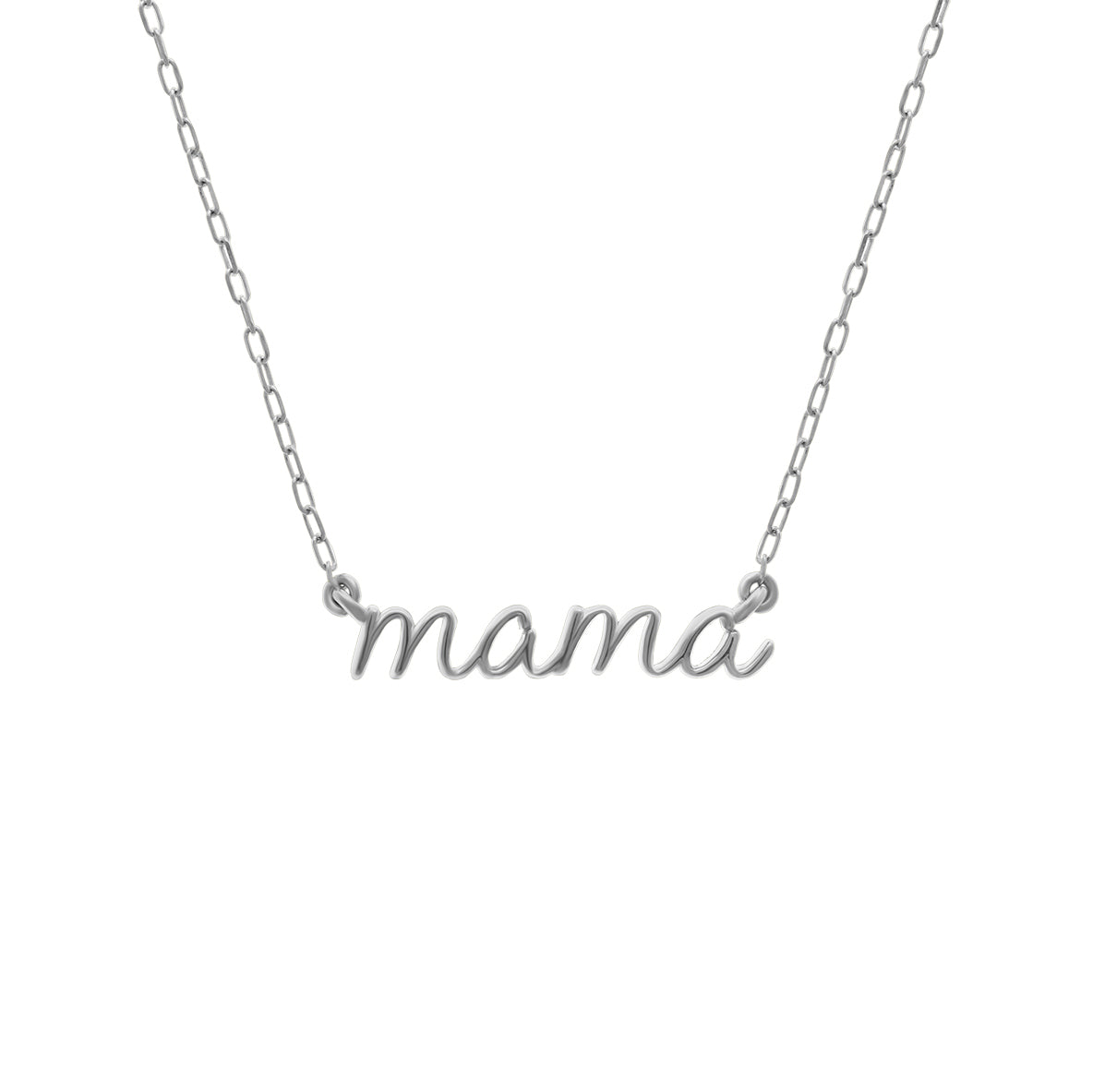 White gold necklace with the word “mama” written in delicate cursive script, attached to a fine chain, displayed on a white background.