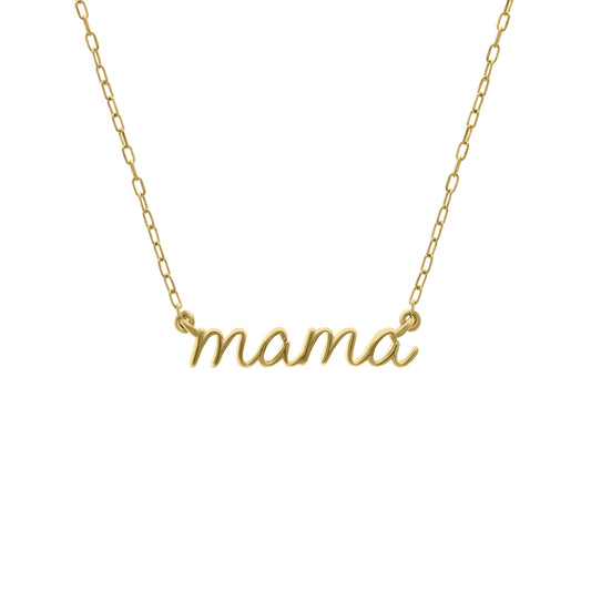Gold necklace with the word “mama” written in delicate cursive lettering, attached to a fine gold chain, displayed on a white background.