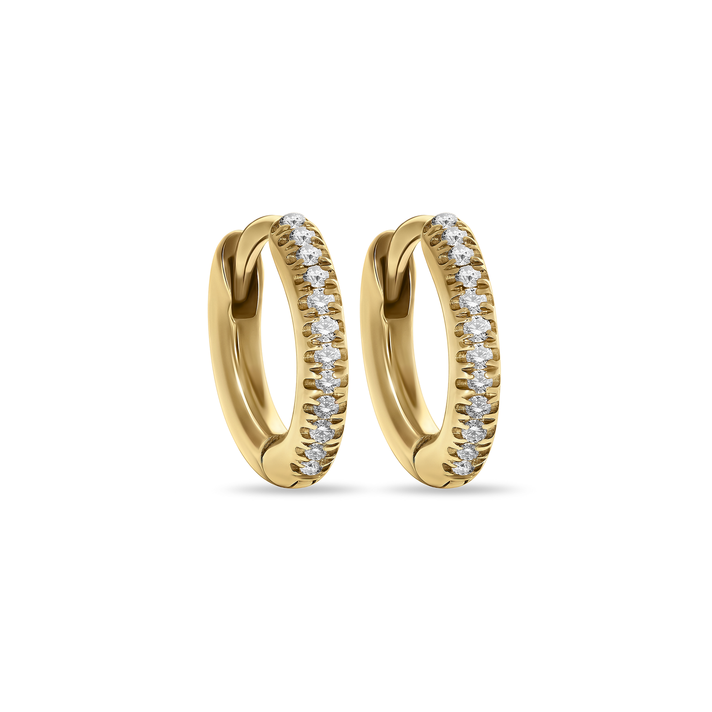 A pair of BabyChic Mini Diamond Hoops in 18K yellow gold, featuring a sleek hinged design and a front row of pavé-set round diamonds, displayed on a transparent background.