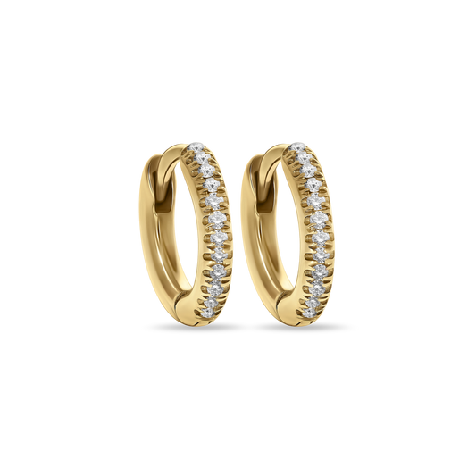 A pair of BabyChic Mini Diamond Hoops in 18K yellow gold, featuring a sleek hinged design and a front row of pavé-set round diamonds, displayed on a transparent background.