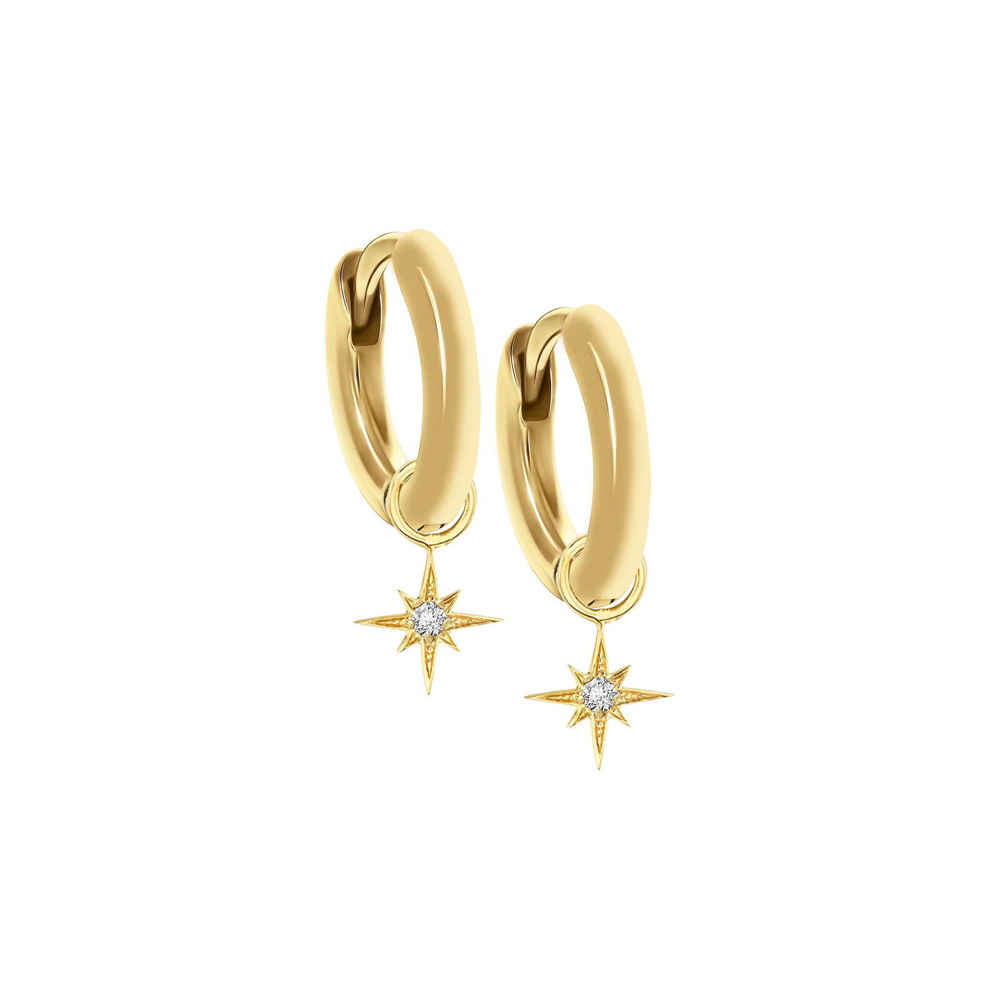 A pair of 18K yellow-gold mini hoop earrings, each hoop suspending a small eight-point star charm set with a single round brilliant-cut diamond at its center, shown side by side on a transparent background.