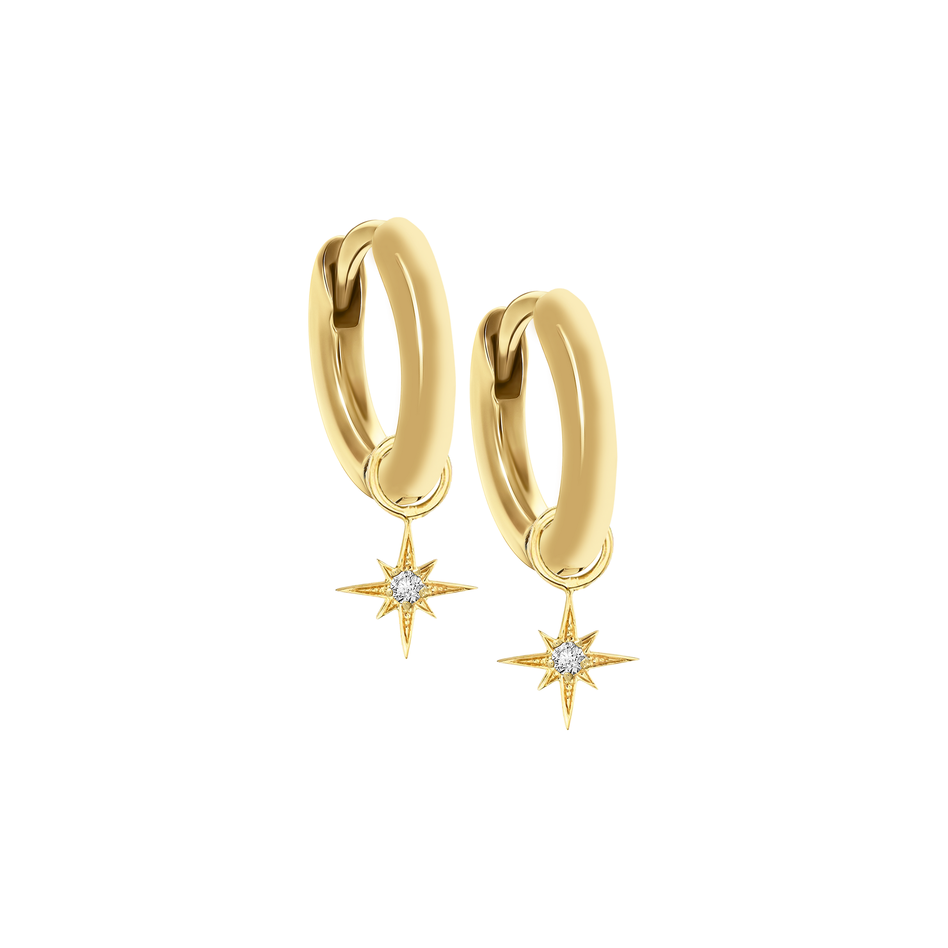 A pair of 18K yellow-gold mini hoop earrings, each hoop suspending a small eight-point star charm set with a single round brilliant-cut diamond at its center, shown side by side on a transparent background.