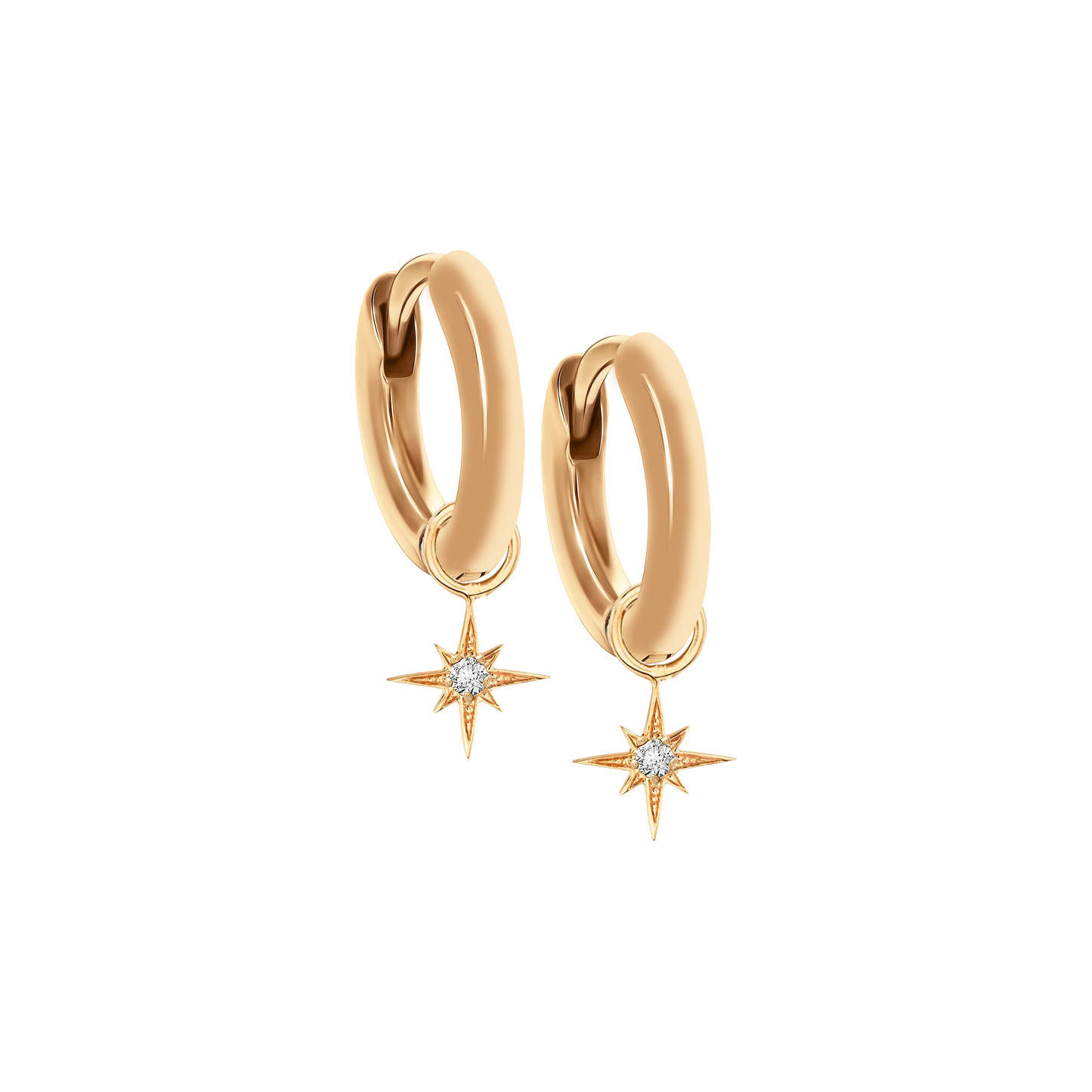 A pair of 18K rose-gold mini hoop earrings, each hoop suspending a small eight-point star charm set with a single round brilliant-cut diamond at its center, shown side by side on a transparent background.