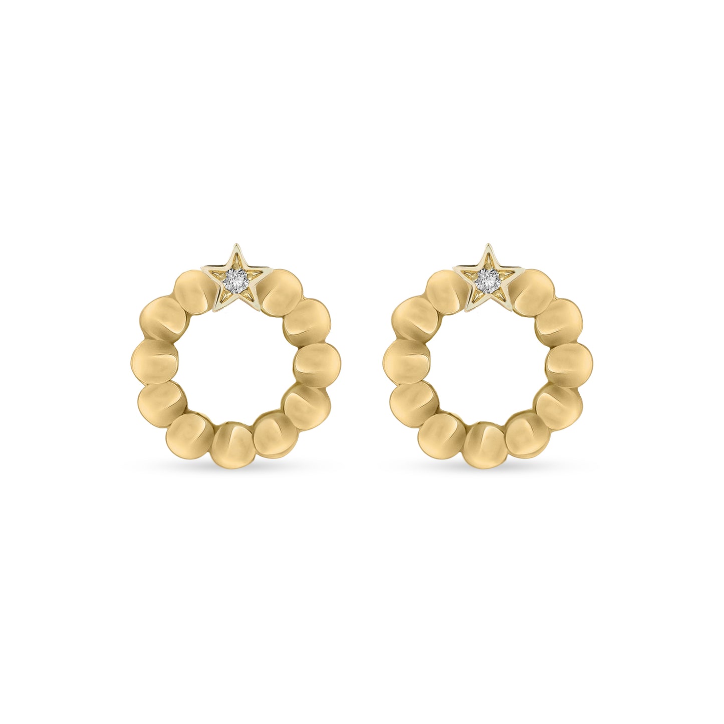 A pair of 18K yellow-gold Once Upon a Wish stud earrings: circular scalloped-bead hoops topped with a tiny star motif set with a single round brilliant-cut diamond, shown side by side on a transparent background.”