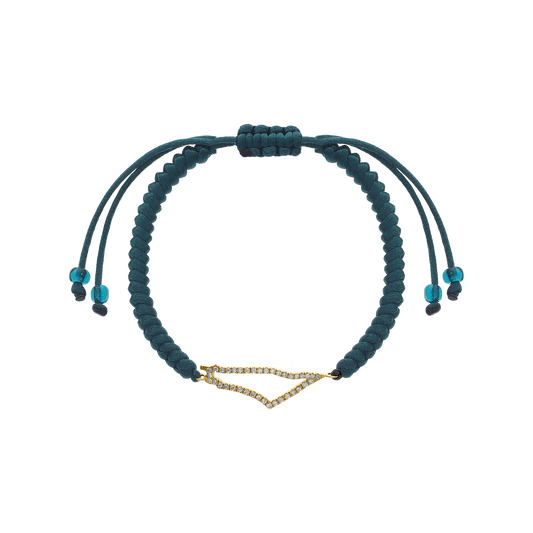 Adjustable teal braided cord baby bracelet from BabyChic, featuring a tiny gold outline of the map of Palestine pavé-set with small diamonds, sliding knot closure with matching teal bead ends, shown on a transparent background.
