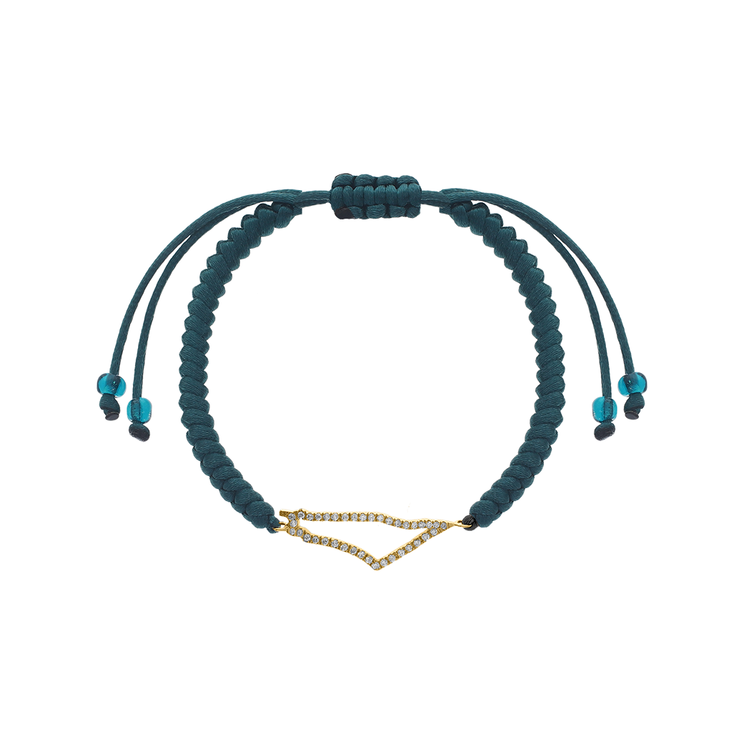 Adjustable teal braided cord baby bracelet from BabyChic, featuring a tiny gold outline of the map of Palestine pavé-set with small diamonds, sliding knot closure with matching teal bead ends, shown on a transparent background.