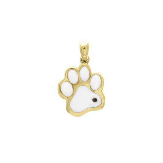 Yellow gold paw print charm pendant with white enamel detail