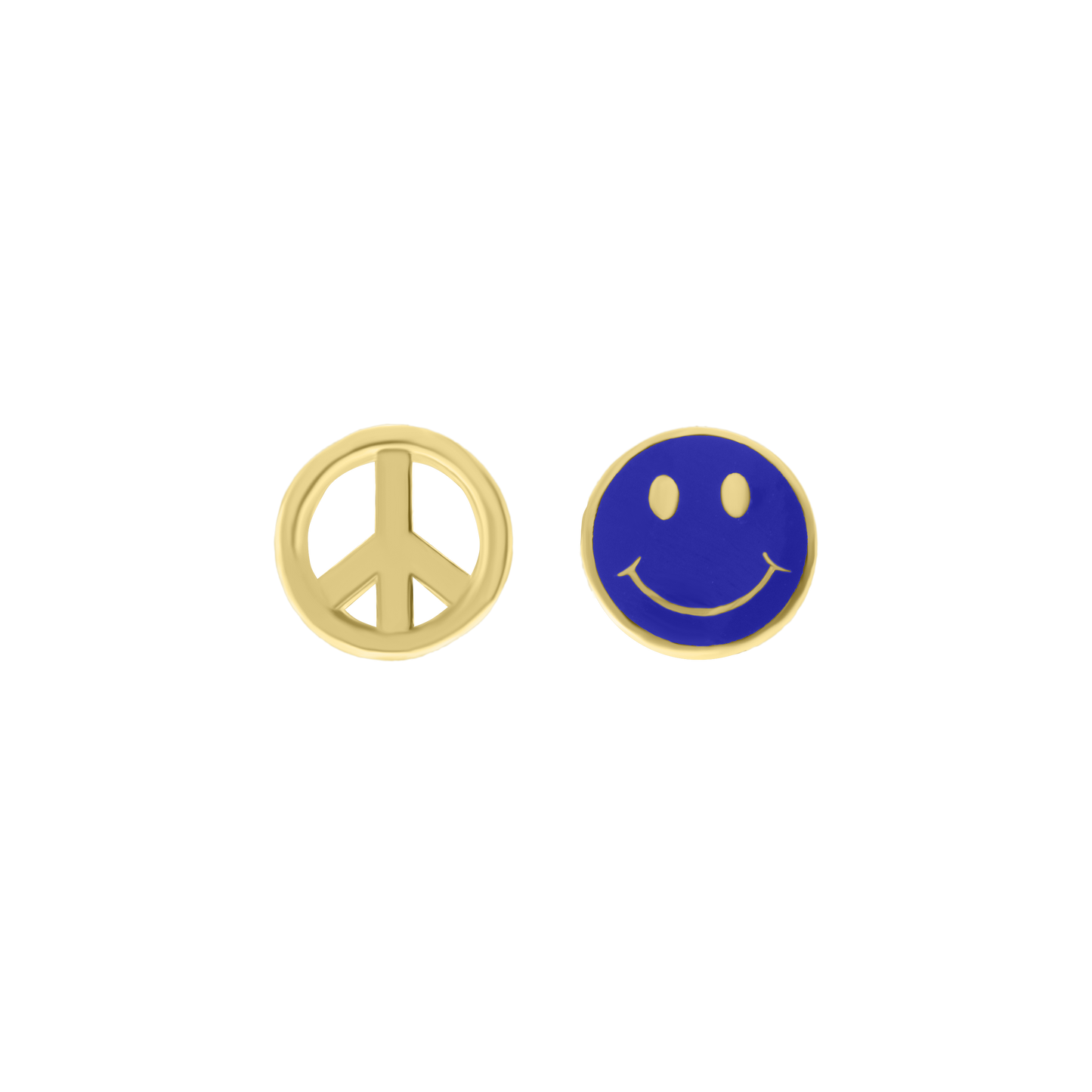 Yellow gold peace symbol and blue smiley face stud earrings with enamel