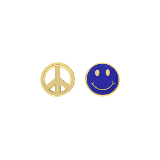Yellow gold peace symbol and blue smiley face stud earrings with enamel