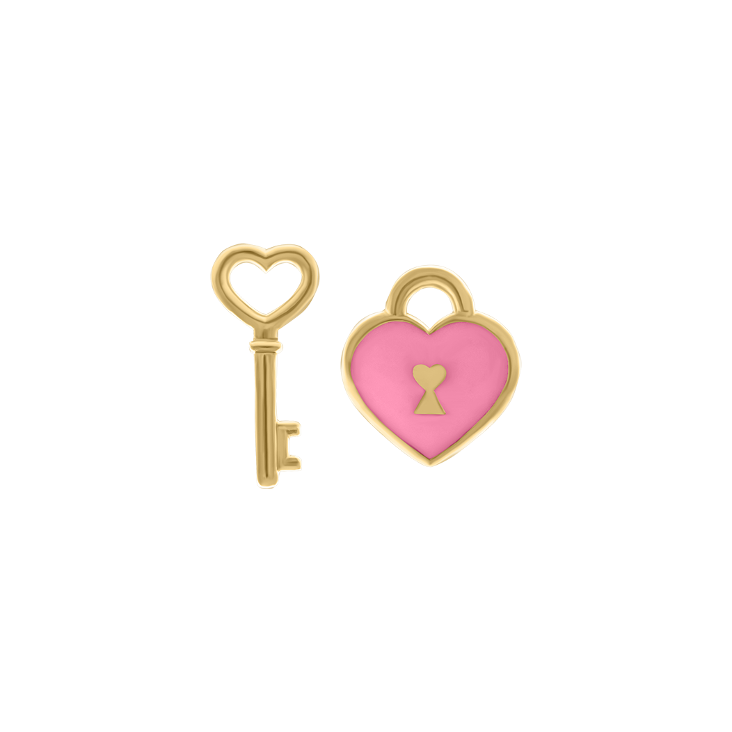 Yellow gold heart lock and key stud earrings with pink enamel