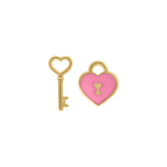 Yellow gold heart lock and key stud earrings with pink enamel