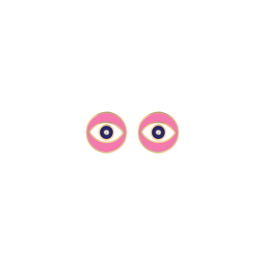Pair of pink enamel evil eye stud earrings in 18k gold, featuring a central diamond and navy blue detailing.