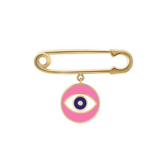 Pink enamel Nazar (evil eye) pin in 18k gold with a central diamond, designed as a safety pin charm for babies.
