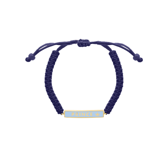Blue cord bracelet with yellow gold prince name plate and crown detail