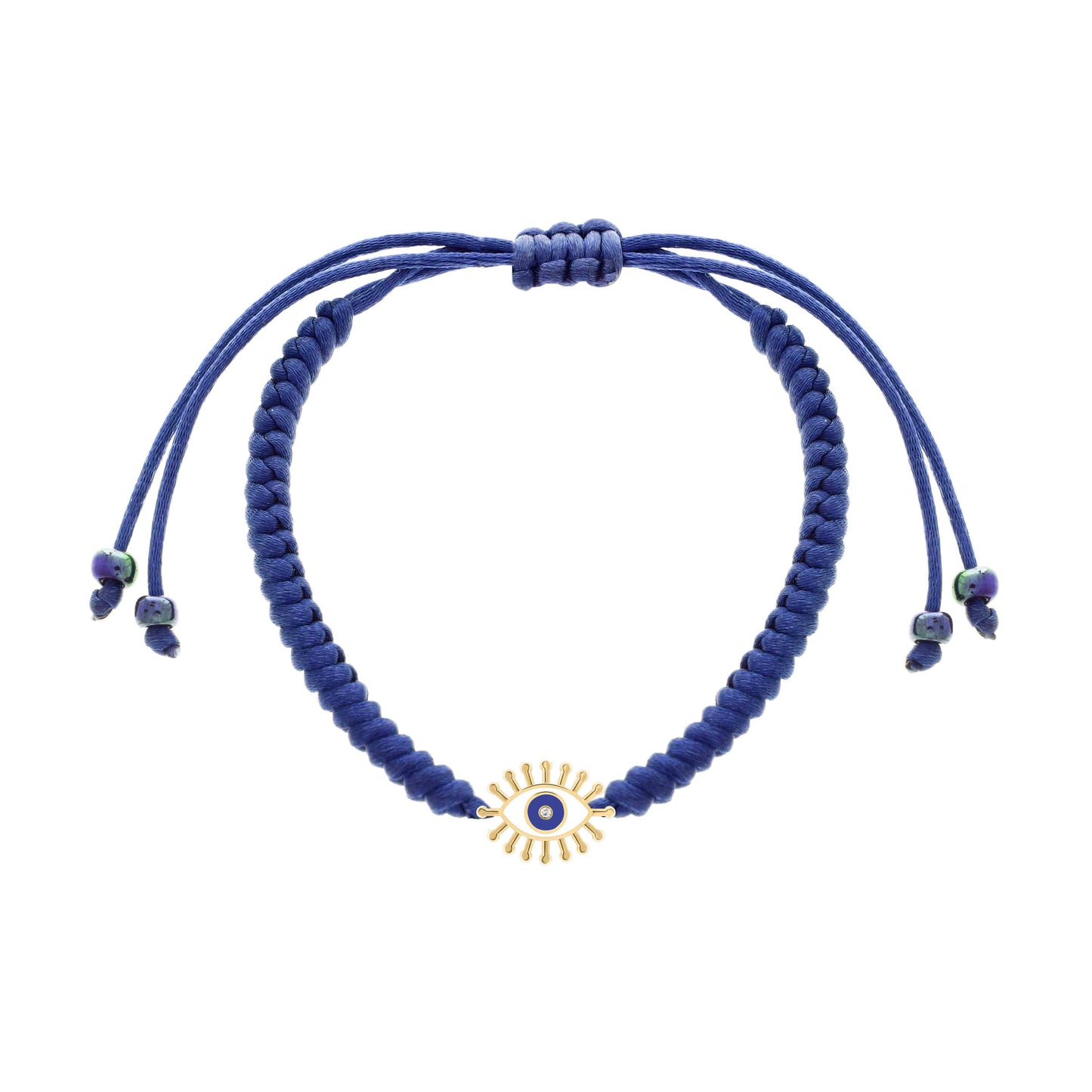 Adjustable navy blue cord bracelet featuring a gold evil eye charm with radiant lashes, a blue enamel center, and a tiny diamond.